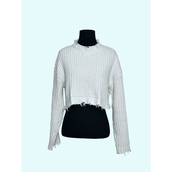 Forever 21 off white long sleeves semi distressed cropped sweater size Small - Picture 9 of 9